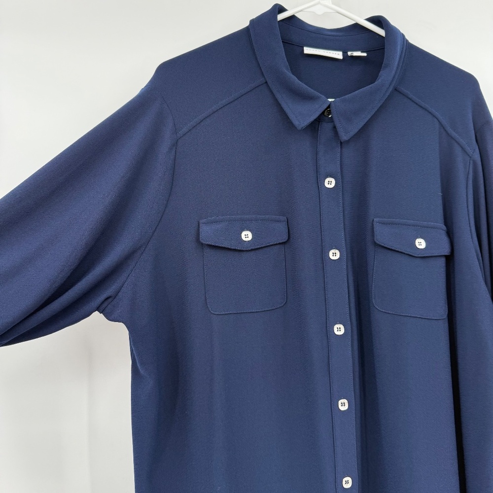Susan Graver Dress Women 2X Blue Button Up Roll Tab Sleeve Stretch Office Casual - Picture 3 of 10